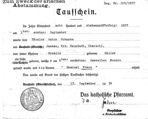 Taufschein von Emanuel Franz Schurse Taufschein von Emanuel Franz Schurse